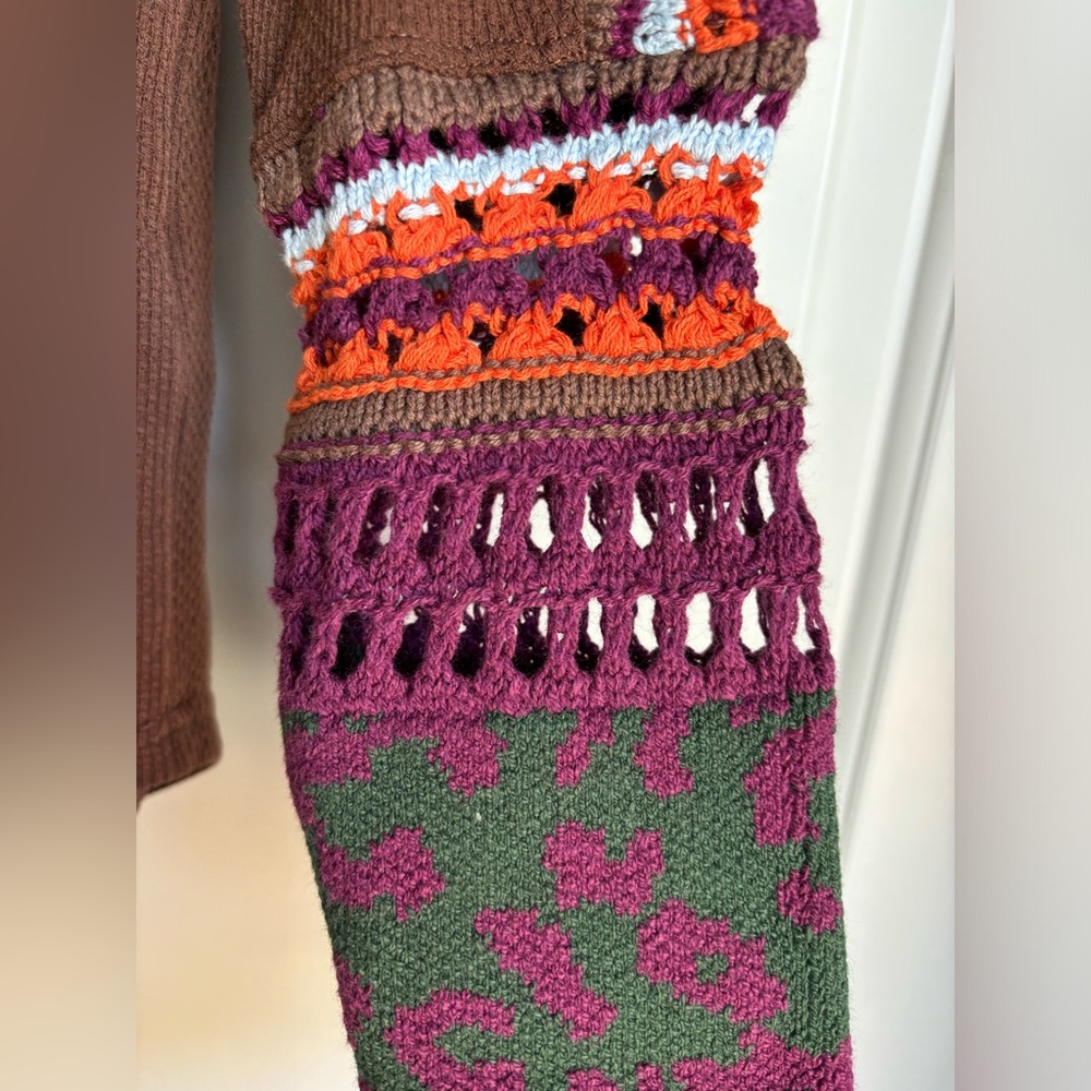 Free Preople Switch It Up Thermal Sweater Brown with Green, Purple and Orange S - Picture 4 of 9